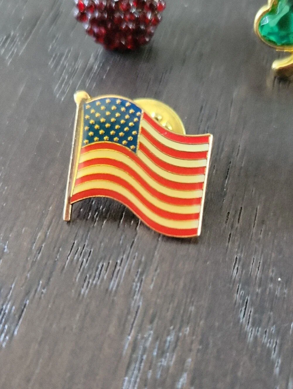Assorted Enamel Pin Lot - Red Apple, American Flag, Clover & Berry